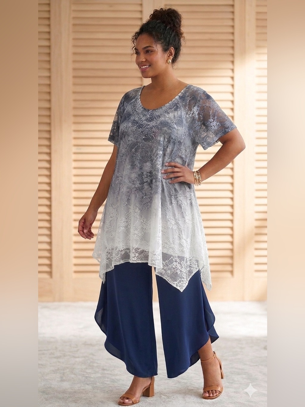 Cal Style Womens 3XL Top Blouse Gray Blue Tie Dye Lace Rhinestone Asymmetrical